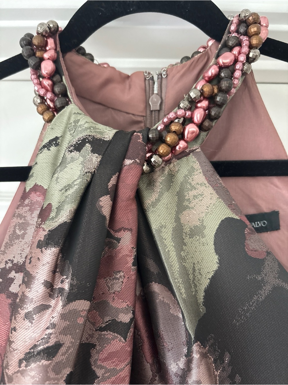Carmen Marc Valvo Beaded Halter Dress in Pink and Green size 12